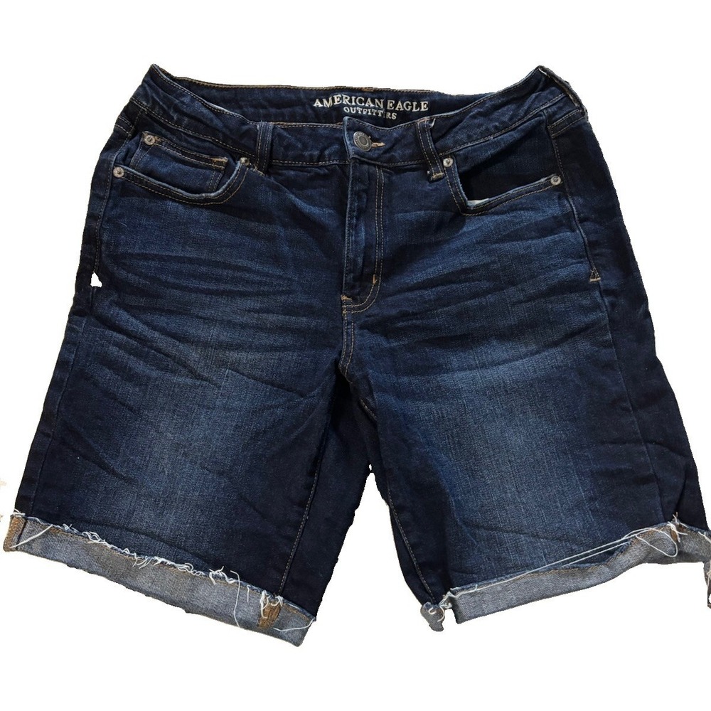 American Eagle Women's Shorts Denim Dark Blue Tomgirl Bermuda Roll-Cuff Size 10